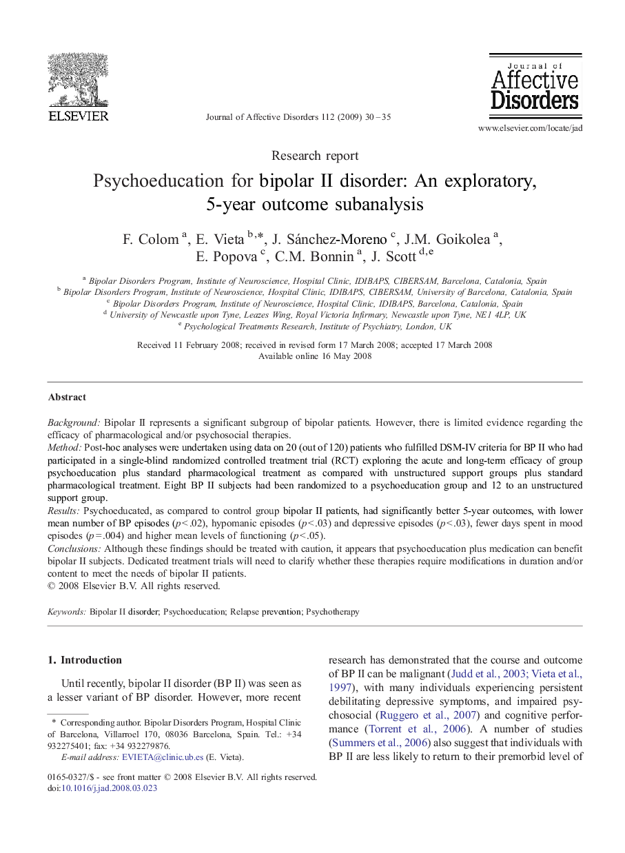 Psychoeducation for bipolar II disorder: An exploratory, 5-year outcome subanalysis