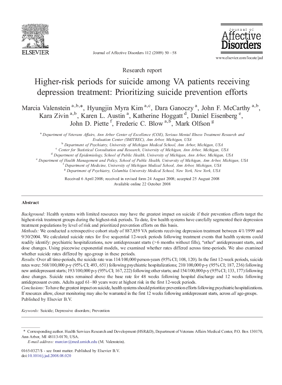 Higher-risk periods for suicide among VA patients receiving depression treatment: Prioritizing suicide prevention efforts