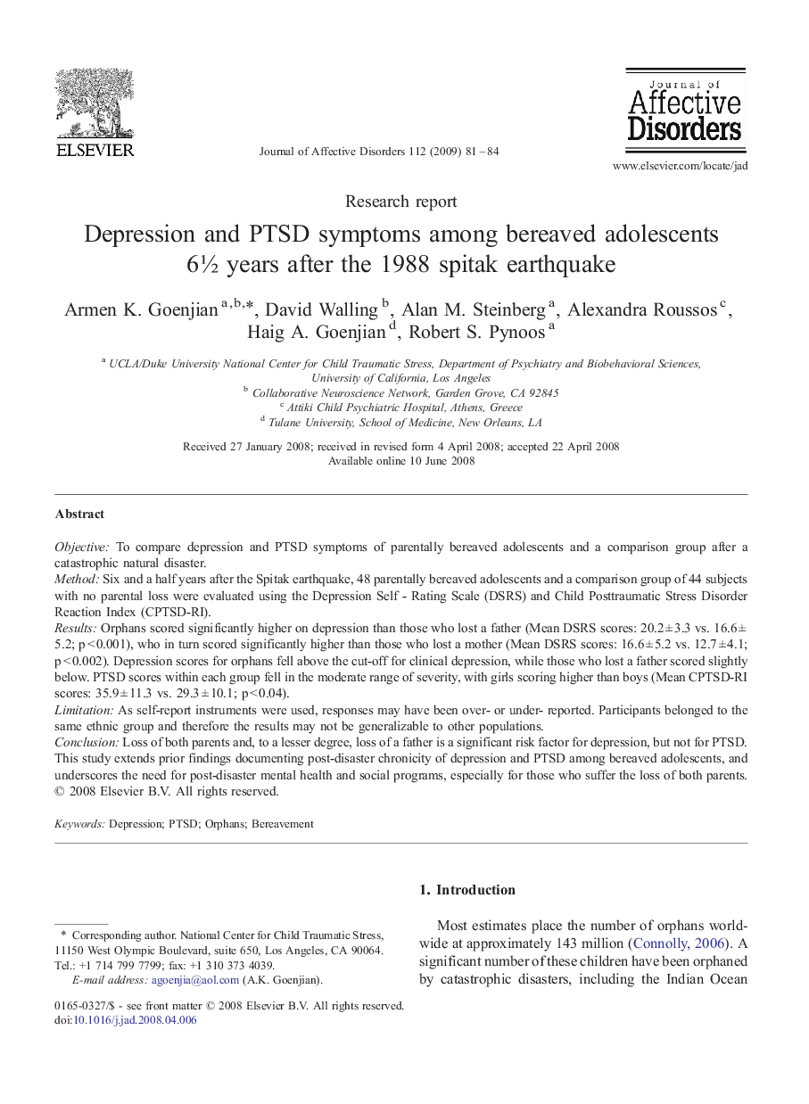 Depression and PTSD symptoms among bereaved adolescents 6Â½Â years after the 1988 spitak earthquake