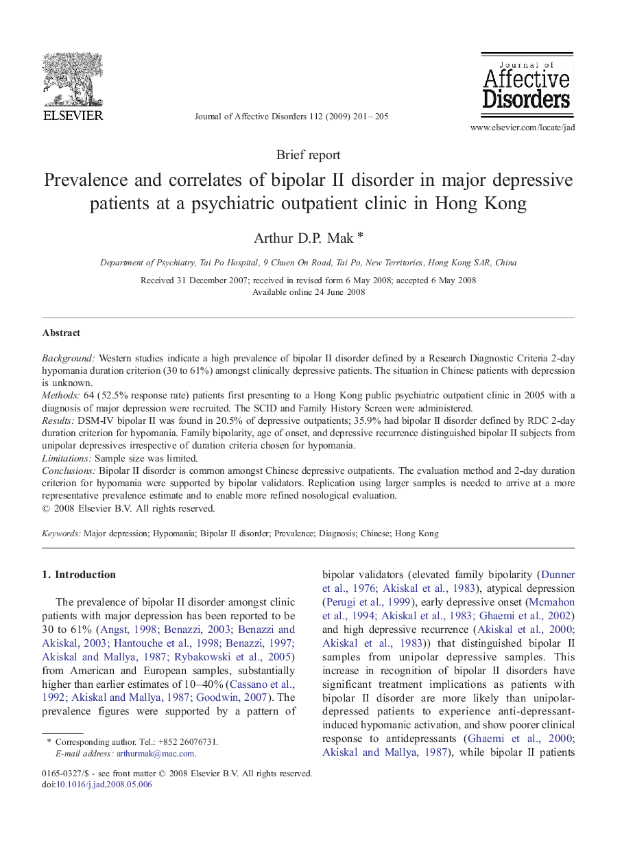 Prevalence and correlates of bipolar II disorder in major depressive patients at a psychiatric outpatient clinic in Hong Kong