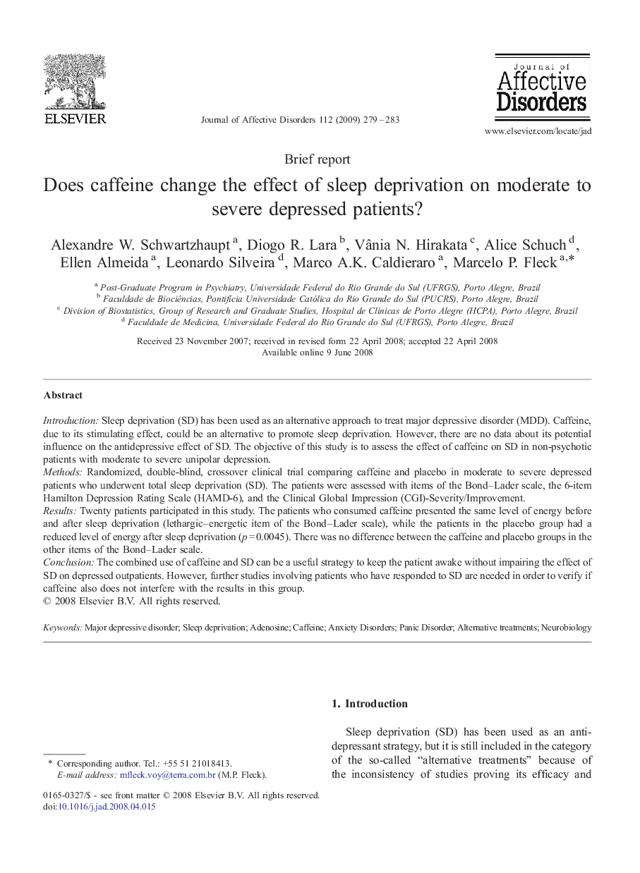 Brief reportDoes caffeine change the effect of sleep deprivation on moderate to severe depressed patients?