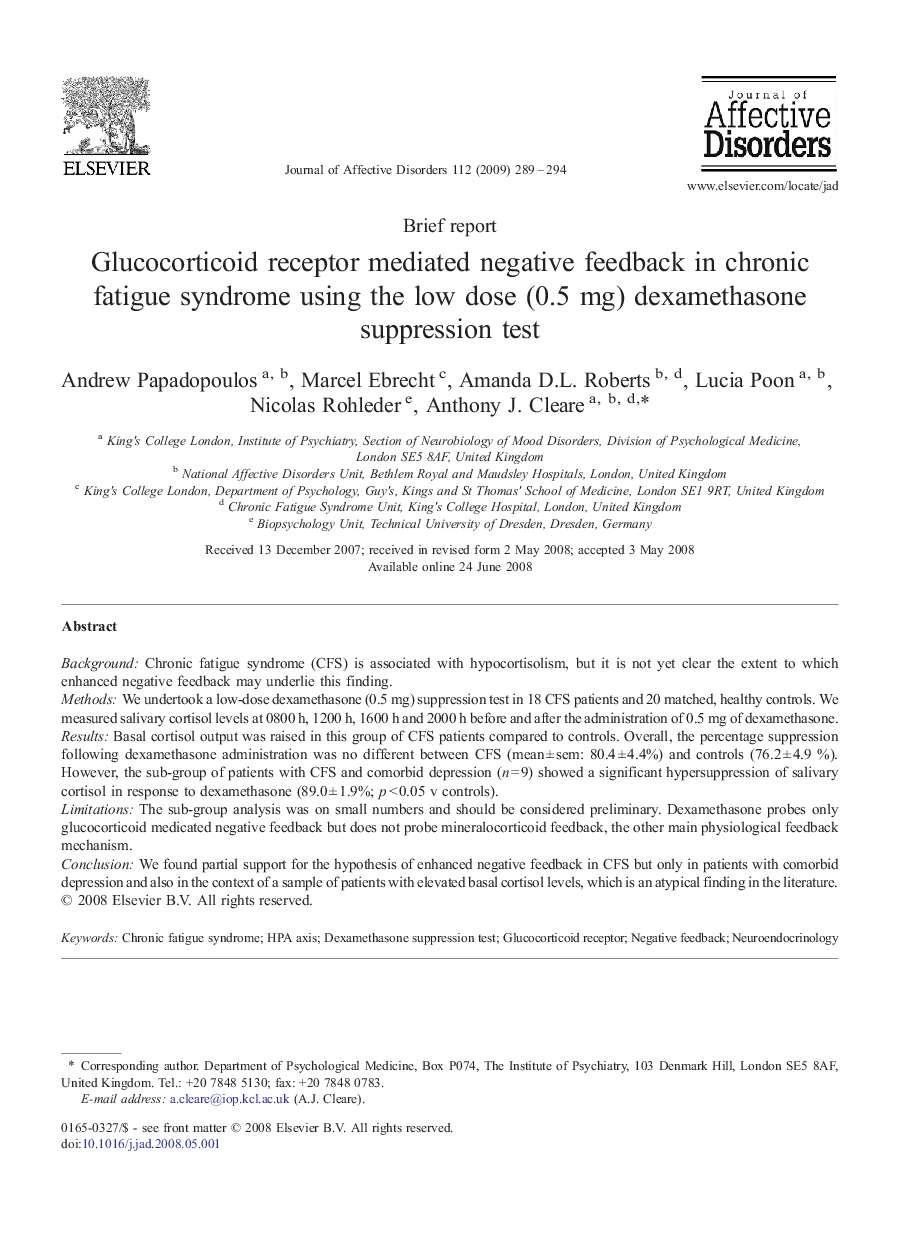 Glucocorticoid receptor mediated negative feedback in chronic fatigue syndrome using the low dose (0.5Â mg) dexamethasone suppression test