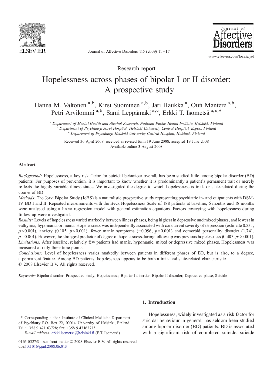 Hopelessness across phases of bipolar I or II disorder: A prospective study