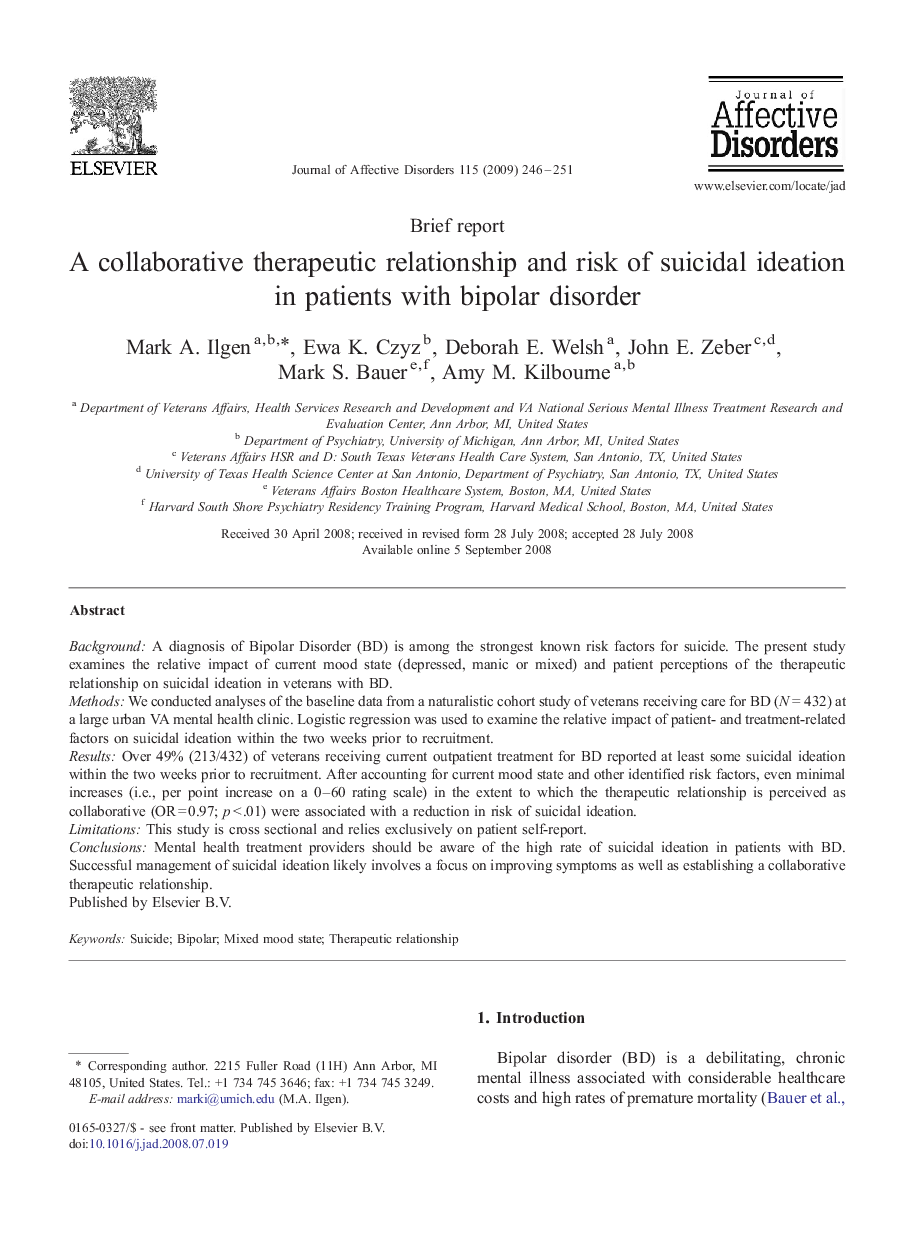 A collaborative therapeutic relationship and risk of suicidal ideation in patients with bipolar disorder