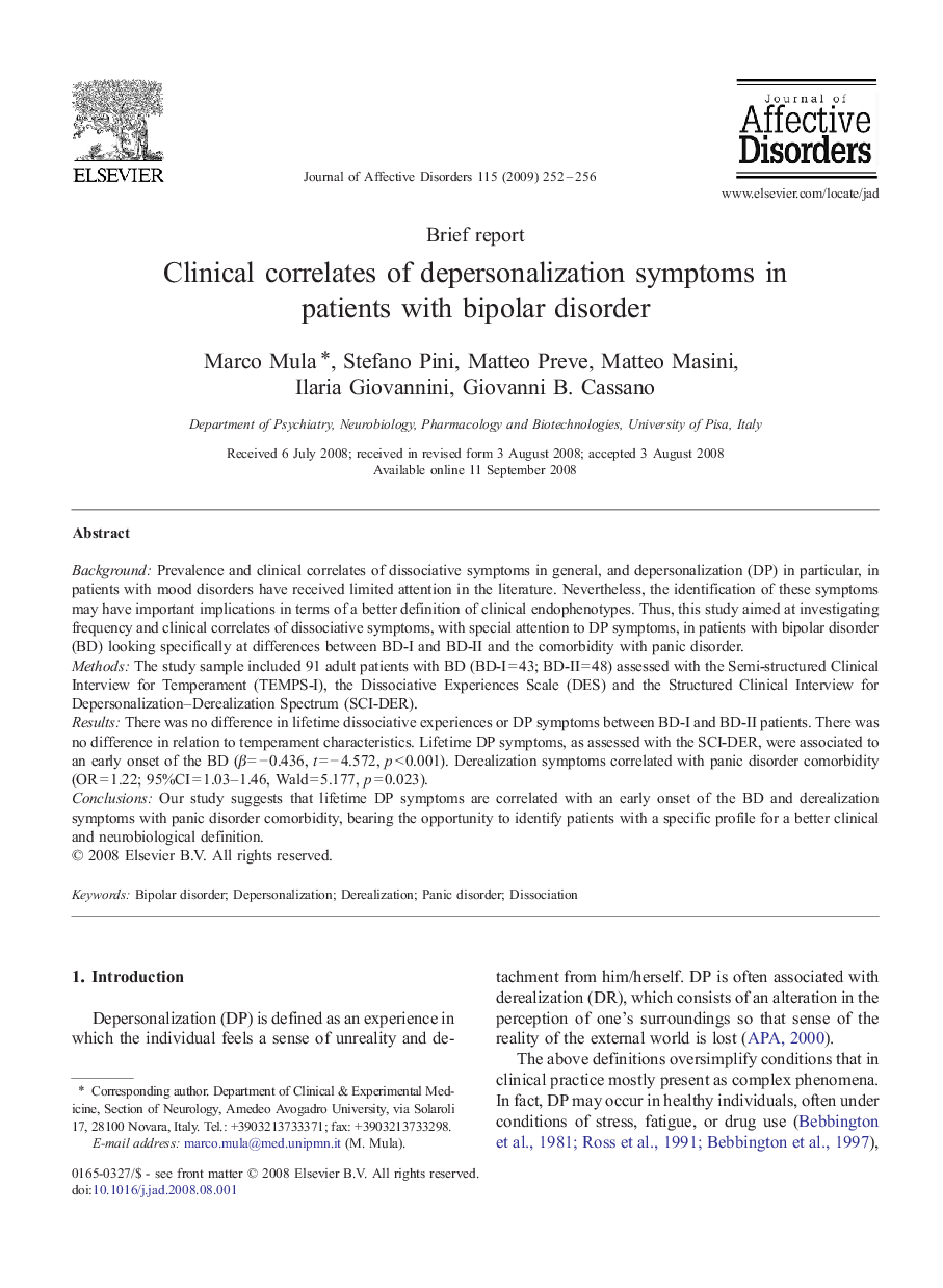 Clinical correlates of depersonalization symptoms in patients with bipolar disorder