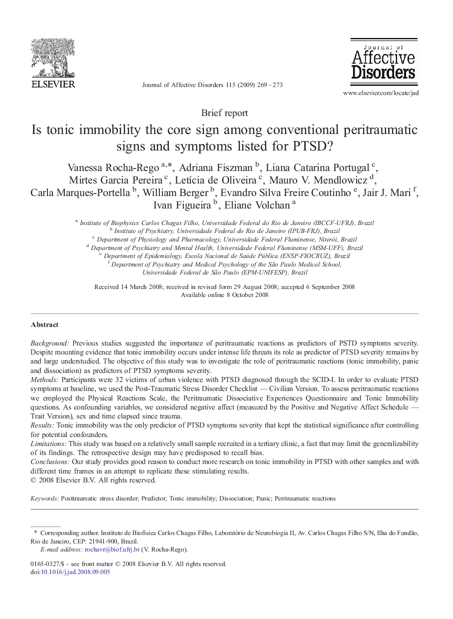 Is tonic immobility the core sign among conventional peritraumatic signs and symptoms listed for PTSD?