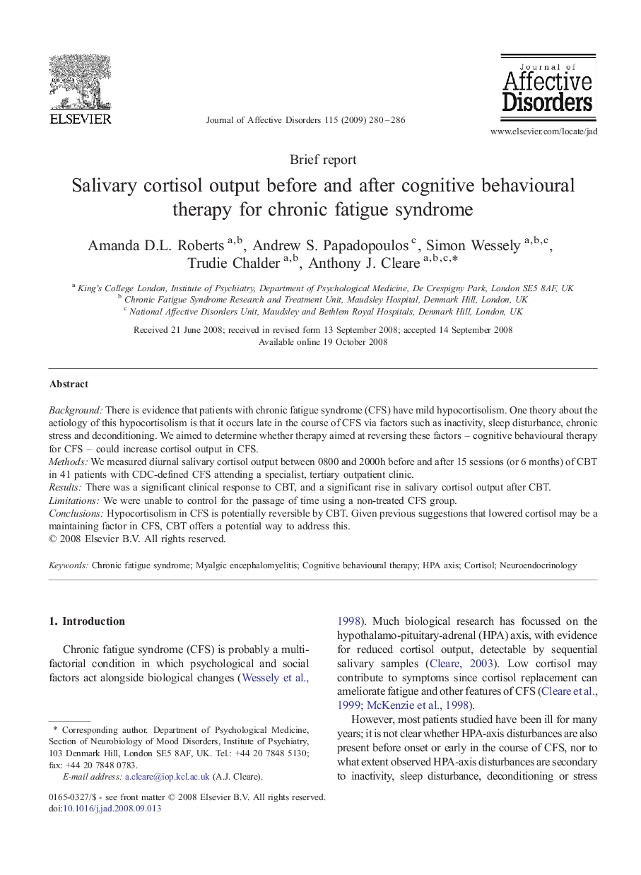 Salivary cortisol output before and after cognitive behavioural therapy for chronic fatigue syndrome