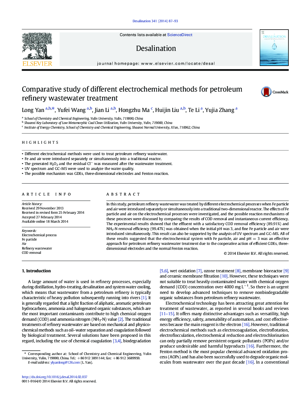 Comparative study of different electrochemical methods for petroleum refinery wastewater treatment