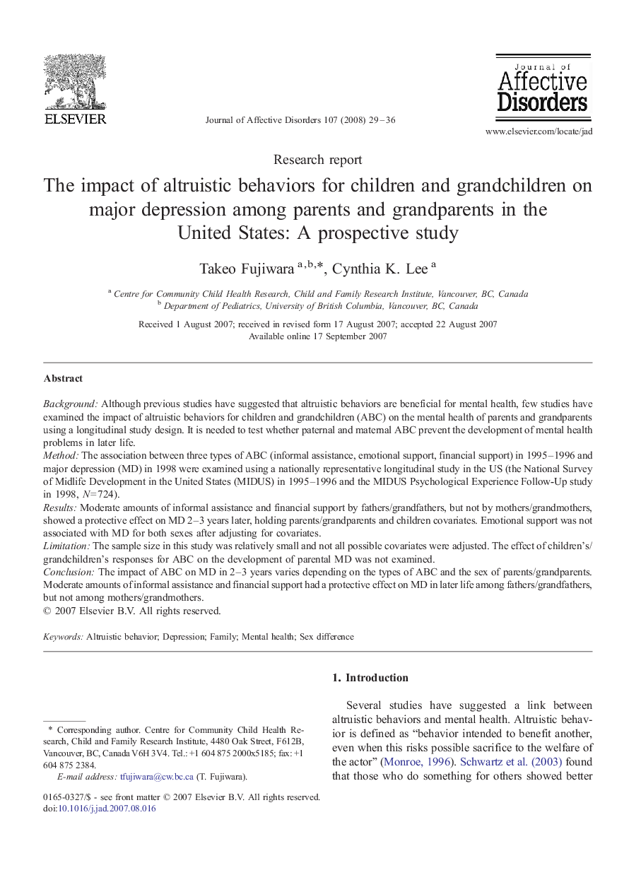 The impact of altruistic behaviors for children and grandchildren on major depression among parents and grandparents in the United States: A prospective study