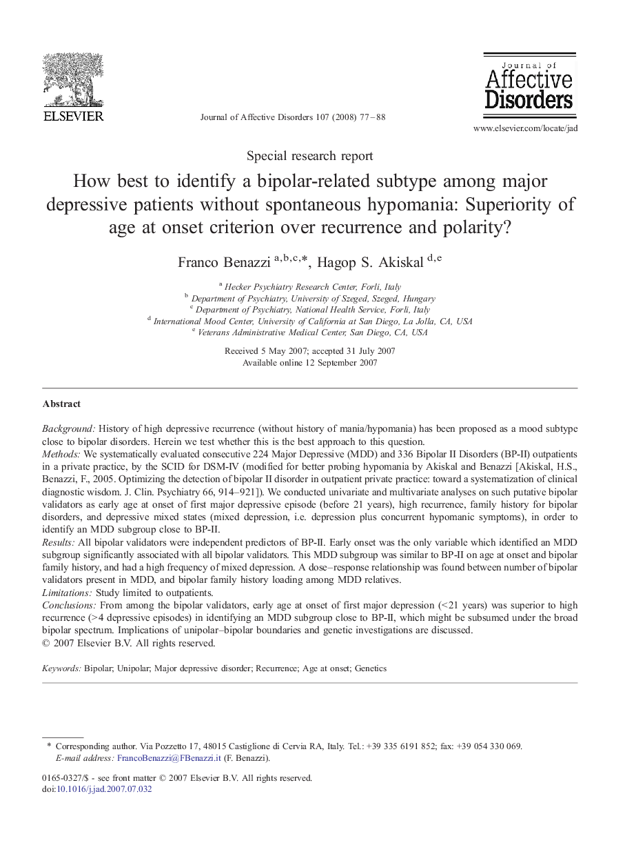 How best to identify a bipolar-related subtype among major depressive patients without spontaneous hypomania: Superiority of age at onset criterion over recurrence and polarity?