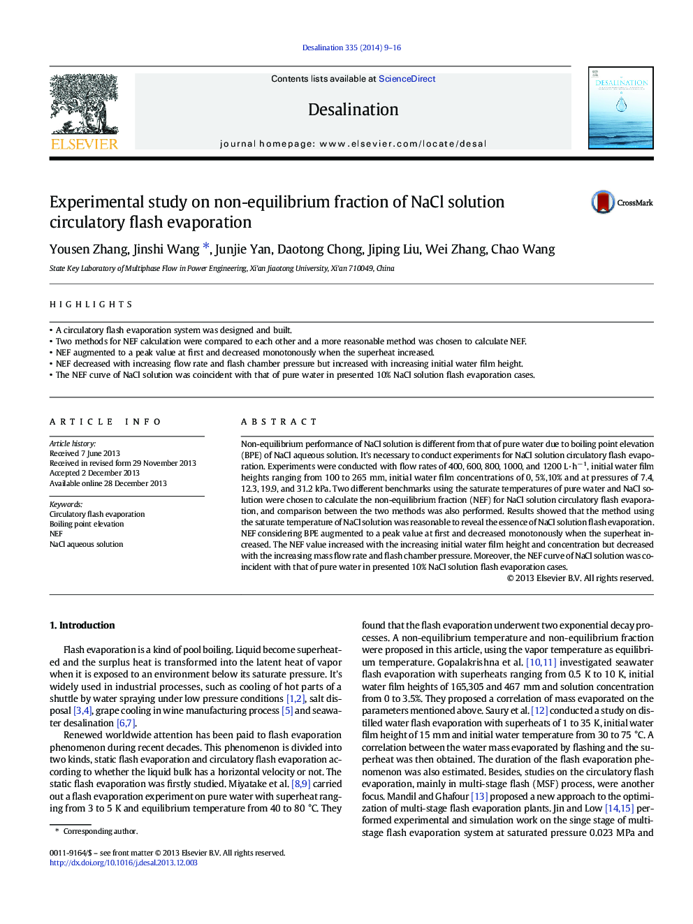 Experimental study on non-equilibrium fraction of NaCl solution circulatory flash evaporation