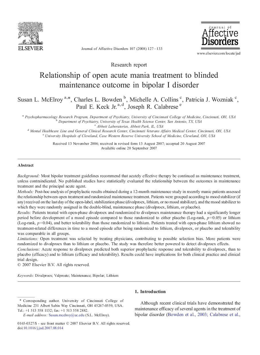 Relationship of open acute mania treatment to blinded maintenance outcome in bipolar I disorder