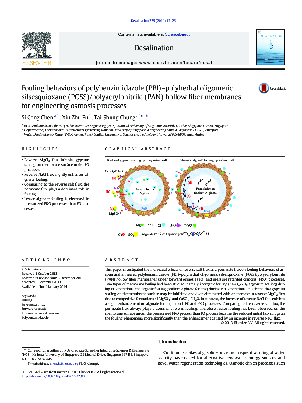 Fouling behaviors of polybenzimidazole (PBI)–polyhedral oligomeric silsesquioxane (POSS)/polyacrylonitrile (PAN) hollow fiber membranes for engineering osmosis processes