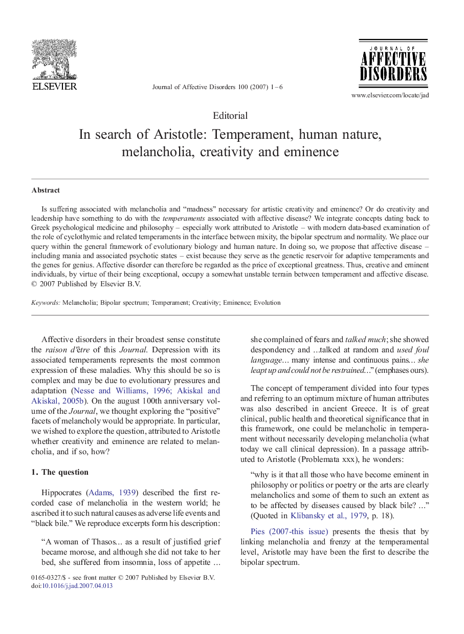 In search of Aristotle: Temperament, human nature, melancholia, creativity and eminence