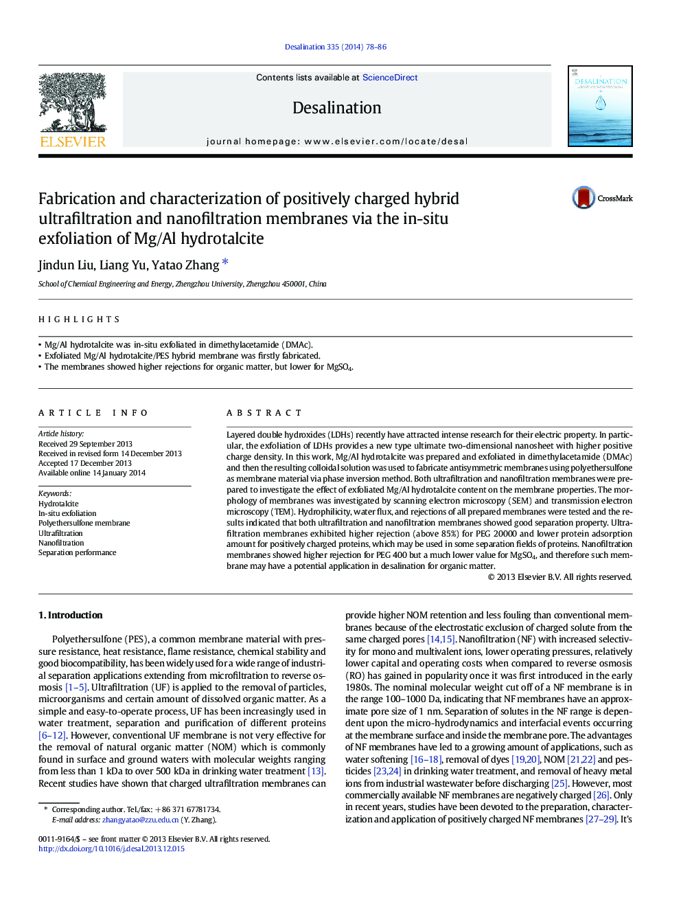 Fabrication and characterization of positively charged hybrid ultrafiltration and nanofiltration membranes via the in-situ exfoliation of Mg/Al hydrotalcite