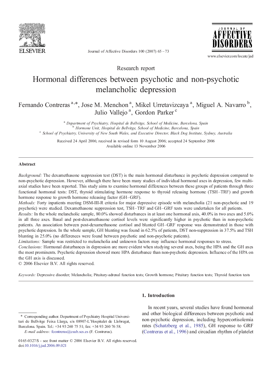 Research reportHormonal differences between psychotic and non-psychotic melancholic depression