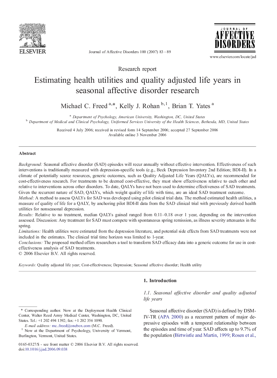 Estimating health utilities and quality adjusted life years in seasonal affective disorder research