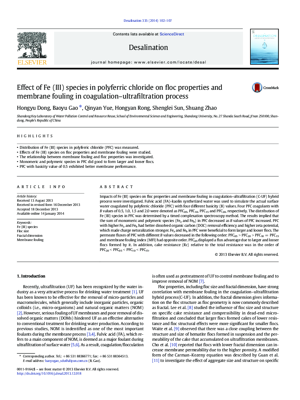 Effect of Fe (III) species in polyferric chloride on floc properties and membrane fouling in coagulation–ultrafiltration process