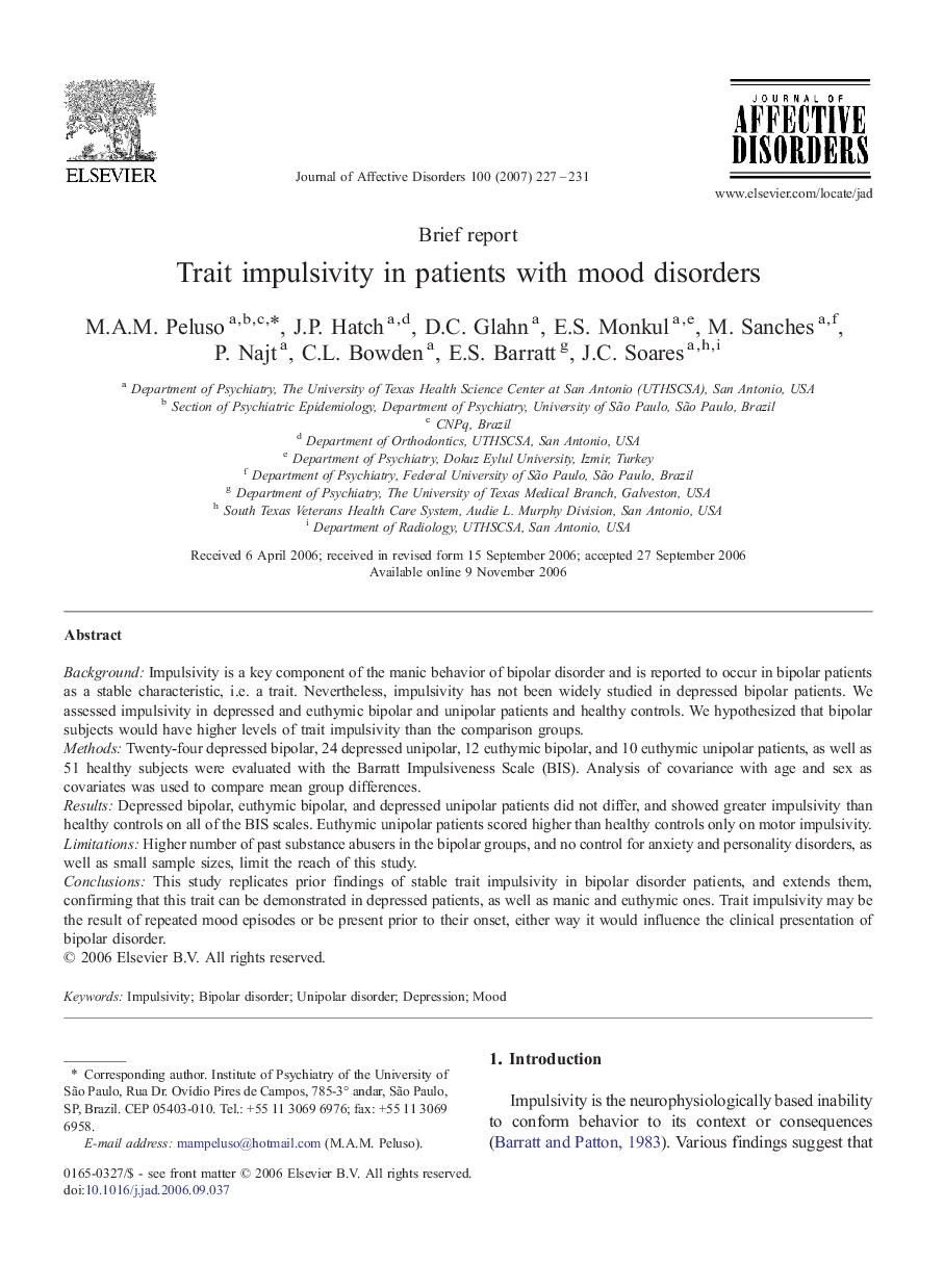 Brief reportTrait impulsivity in patients with mood disorders