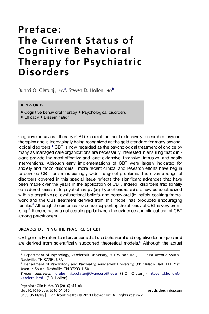 Preface: The Current Status of Cognitive Behavioral Therapy for Psychiatric Disorders