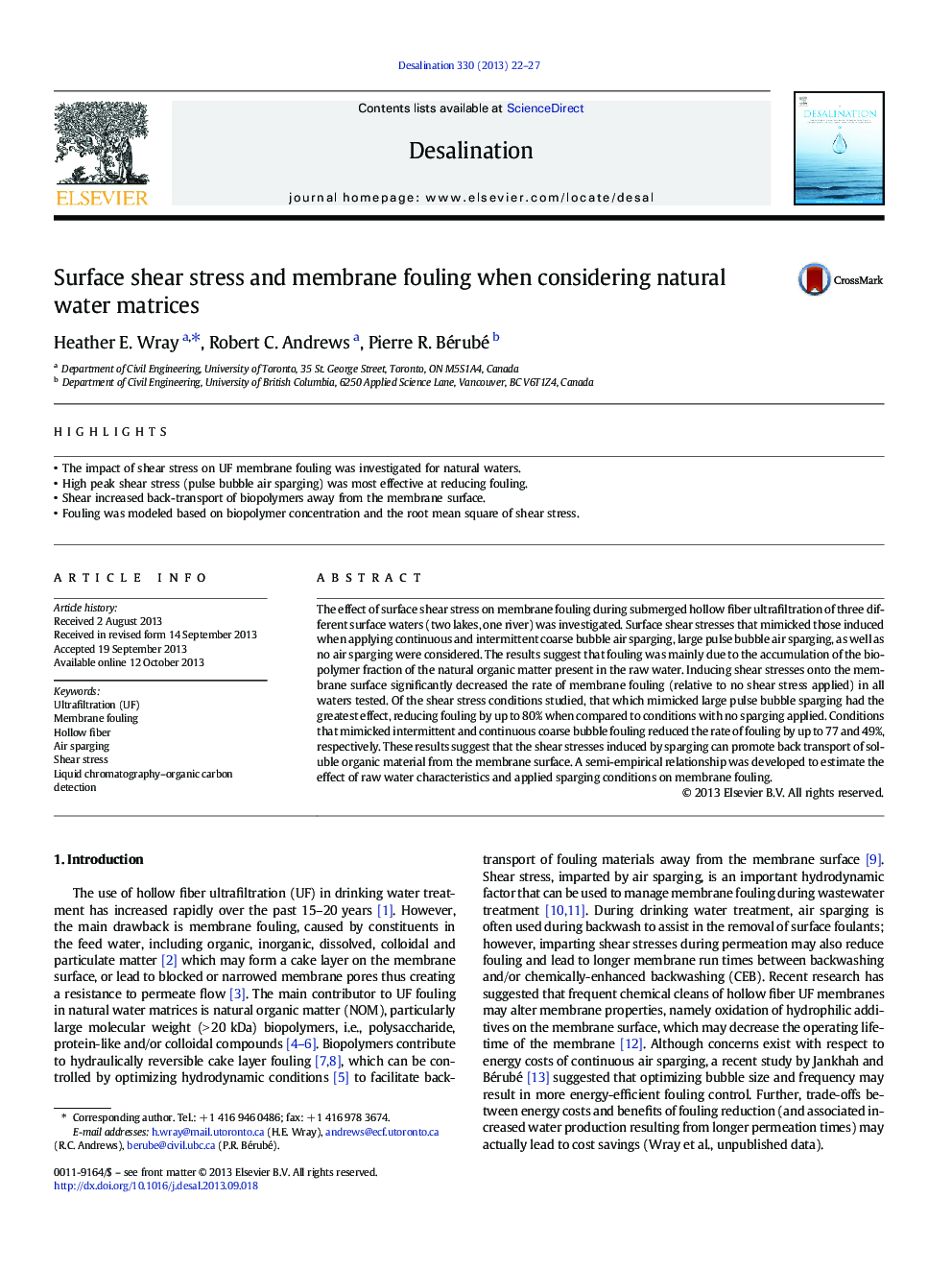 Surface shear stress and membrane fouling when considering natural water matrices