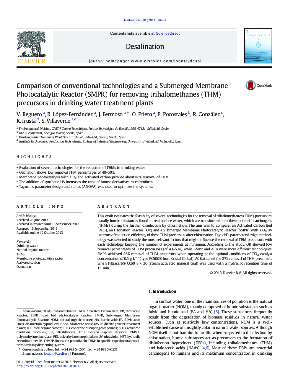 Comparison of conventional technologies and a Submerged Membrane Photocatalytic Reactor (SMPR) for removing trihalomethanes (THM) precursors in drinking water treatment plants