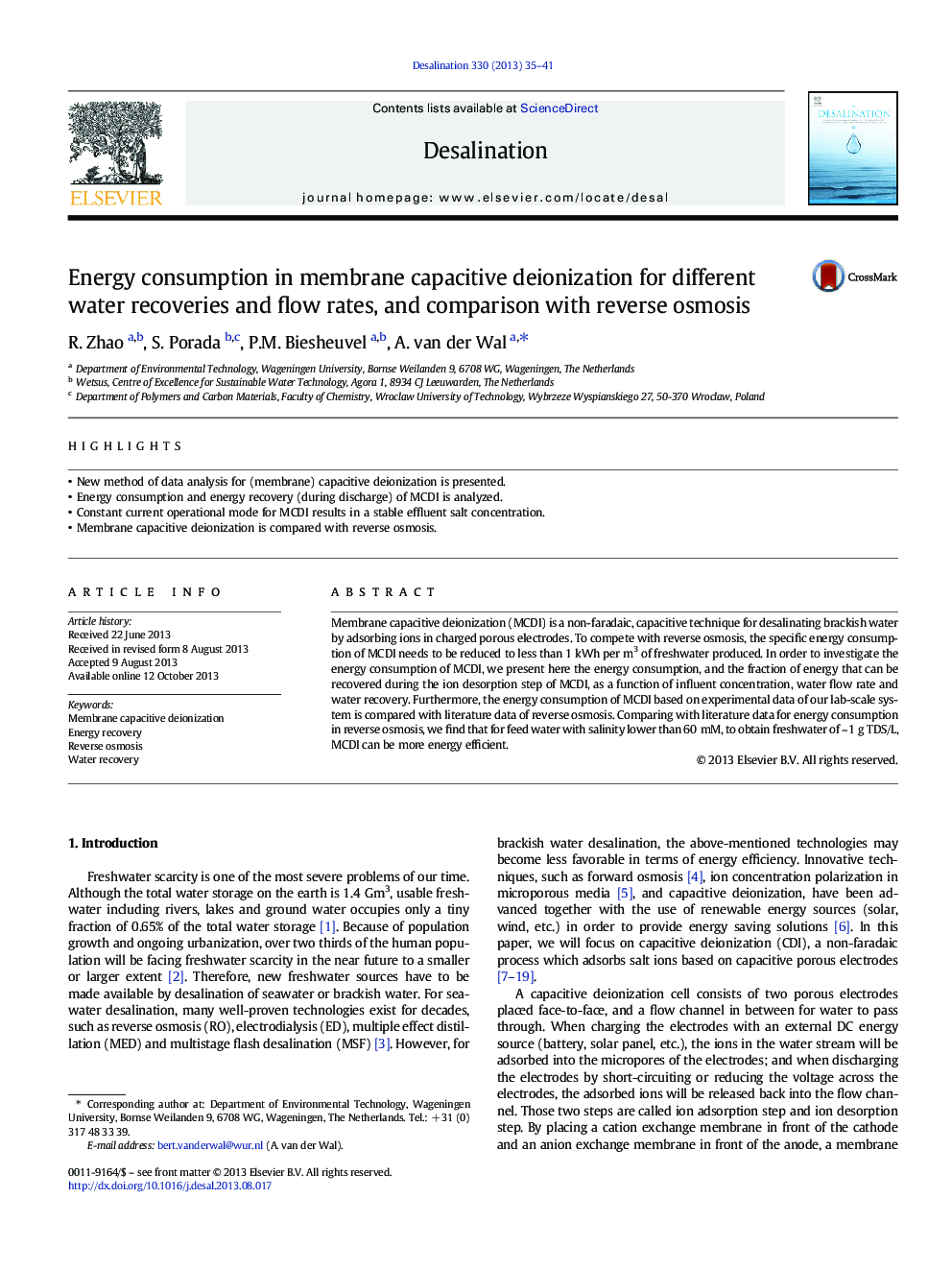 Energy consumption in membrane capacitive deionization for different water recoveries and flow rates, and comparison with reverse osmosis