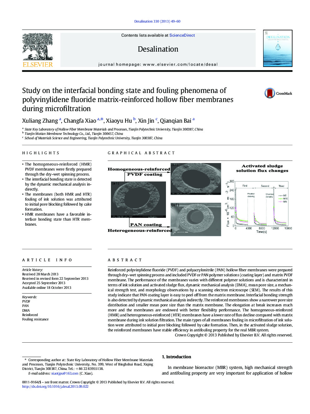 Study on the interfacial bonding state and fouling phenomena of polyvinylidene fluoride matrix-reinforced hollow fiber membranes during microfiltration