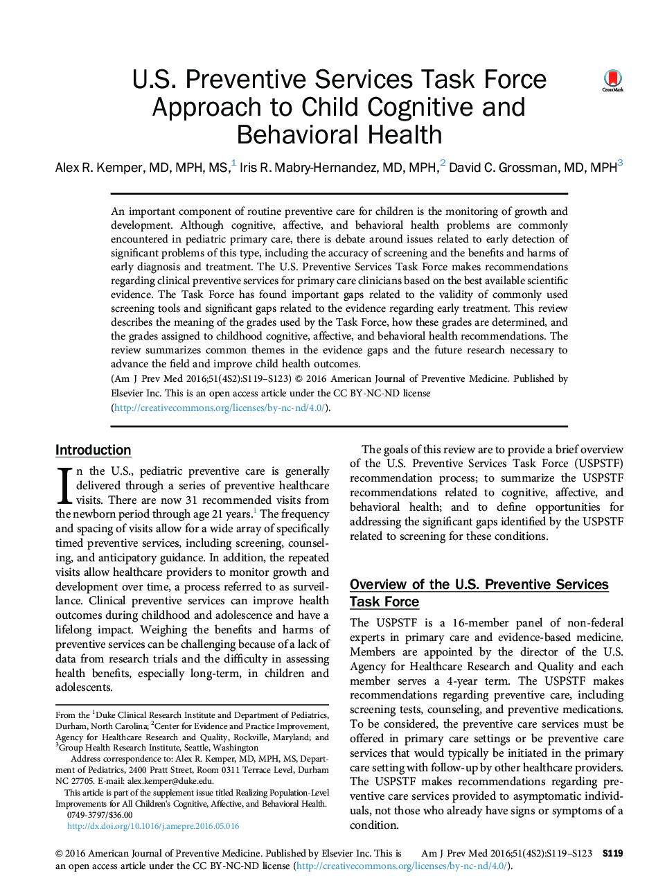 U.S. Preventive Services Task Force Approach to Child Cognitive and Behavioral Health