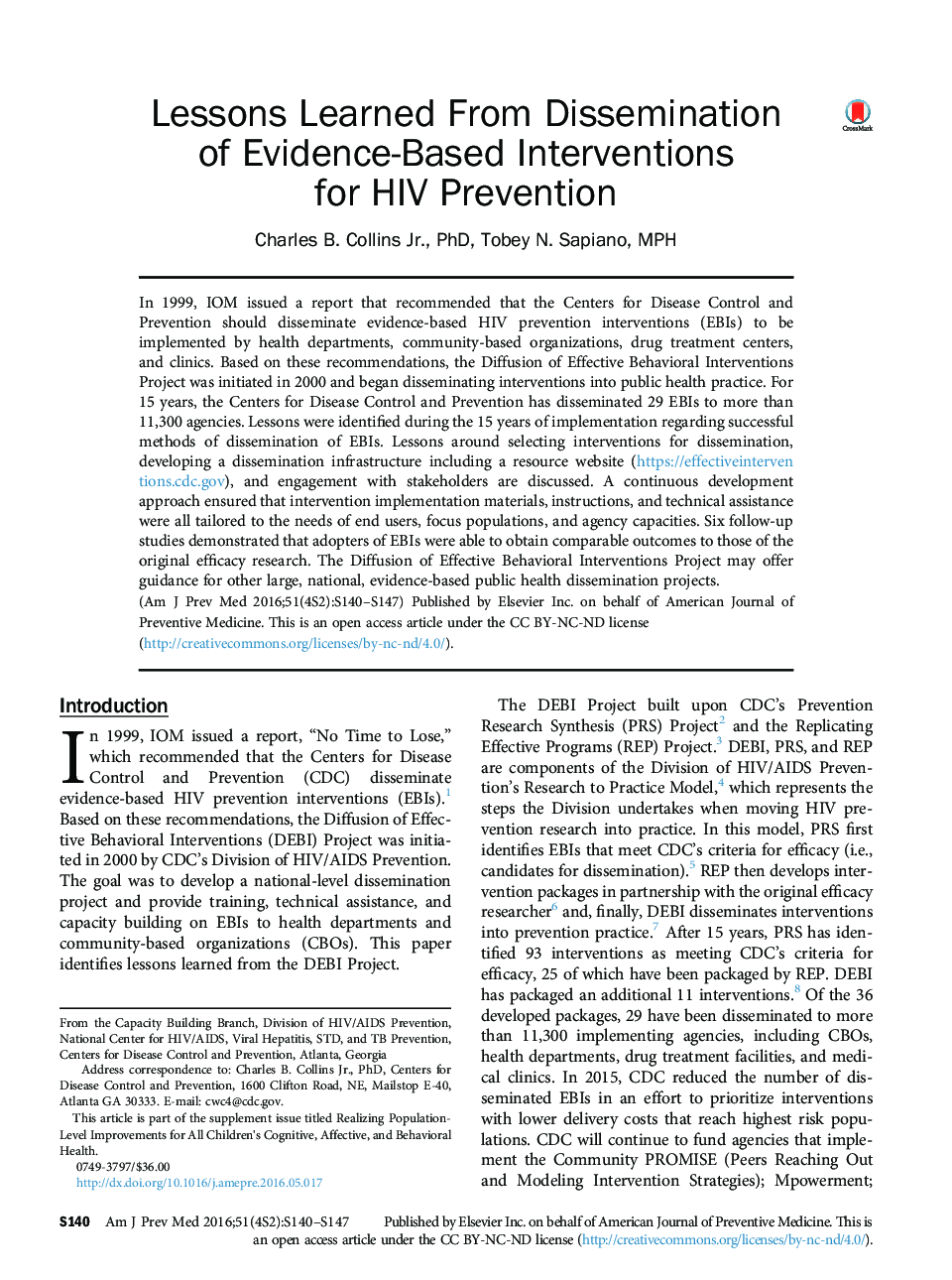 Lessons Learned From Dissemination of Evidence-Based Interventions for HIV Prevention