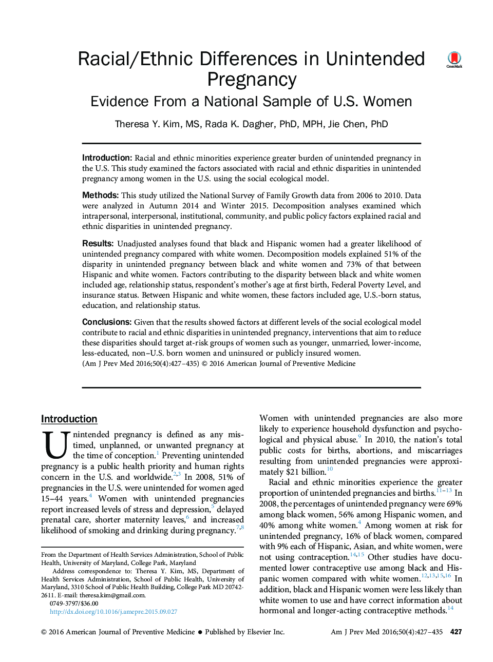 عکس صفحه اول مقاله: Racial/Ethnic Differences in Unintended Pregnancy: Evidence From a National Sample of U.S. Women Racial/Ethnic Differences in Unintended Pregnancy: Evidence From a National Sample of U.S. Women