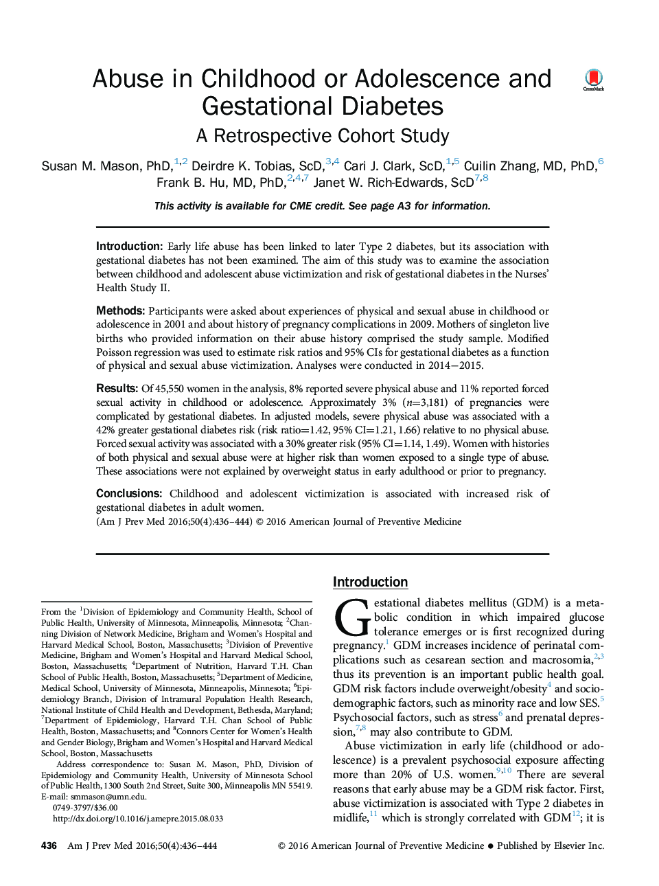 Abuse in Childhood or Adolescence and Gestational Diabetes: A Retrospective Cohort Study