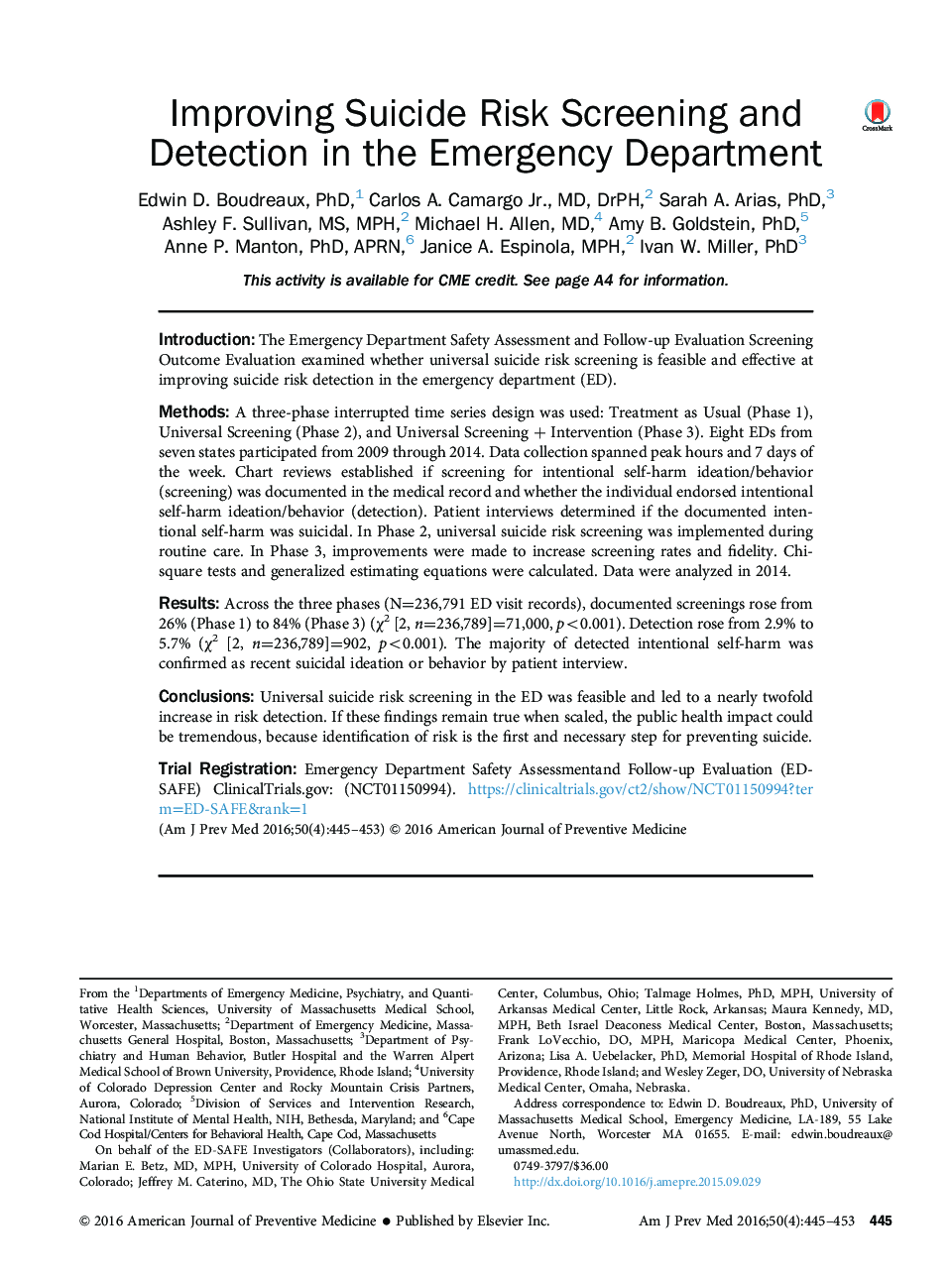 عکس صفحه اول مقاله: Improving Suicide Risk Screening and Detection in the Emergency Department Improving Suicide Risk Screening and Detection in the Emergency Department