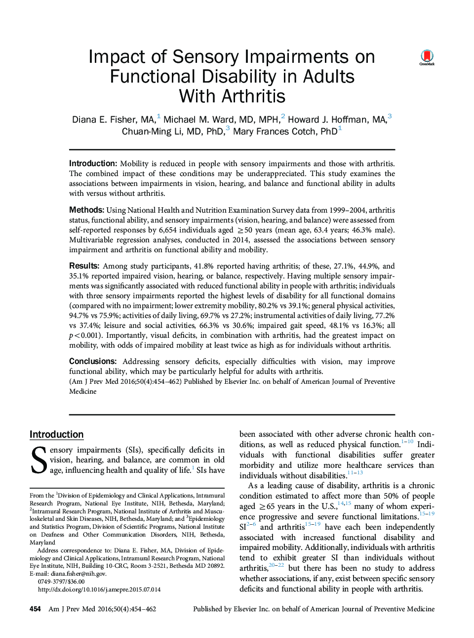 Impact of Sensory Impairments on Functional Disability in Adults With Arthritis