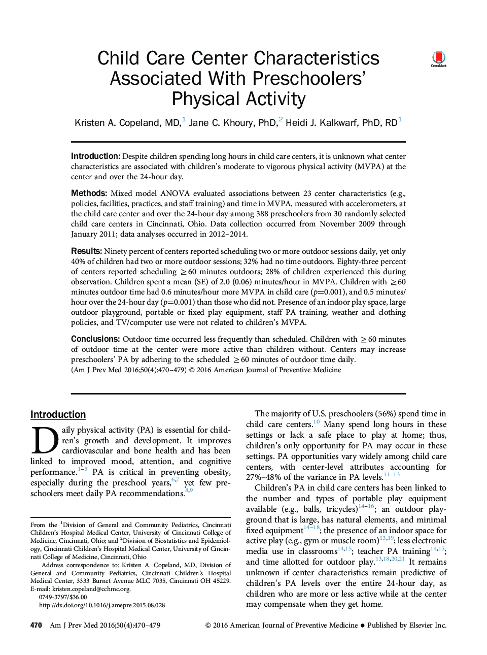 Child Care Center Characteristics Associated With Preschoolers' Physical Activity