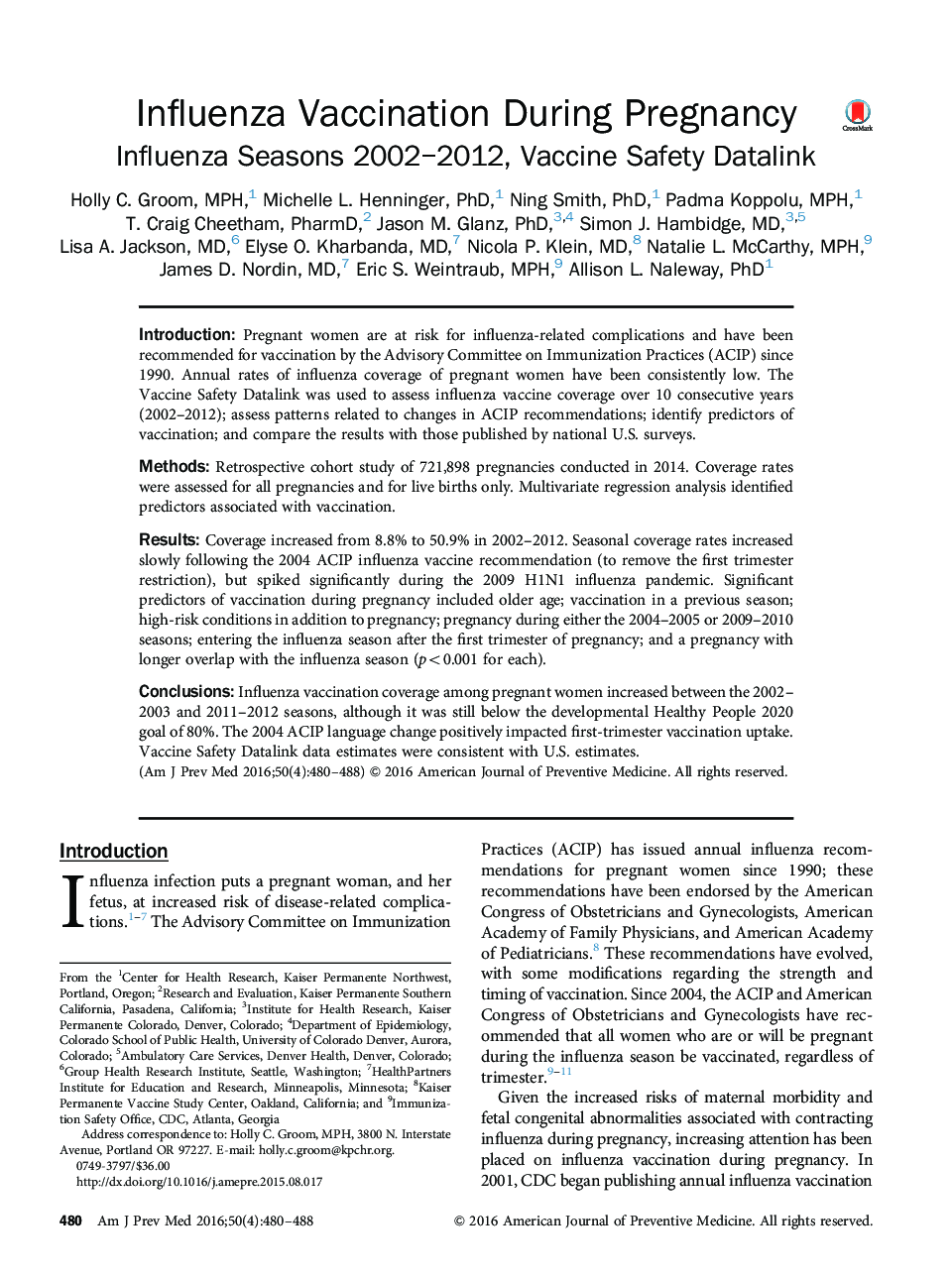 عکس صفحه اول مقاله: Influenza Vaccination During Pregnancy: Influenza Seasons 2002-2012, Vaccine Safety Datalink Influenza Vaccination During Pregnancy: Influenza Seasons 2002-2012, Vaccine Safety Datalink