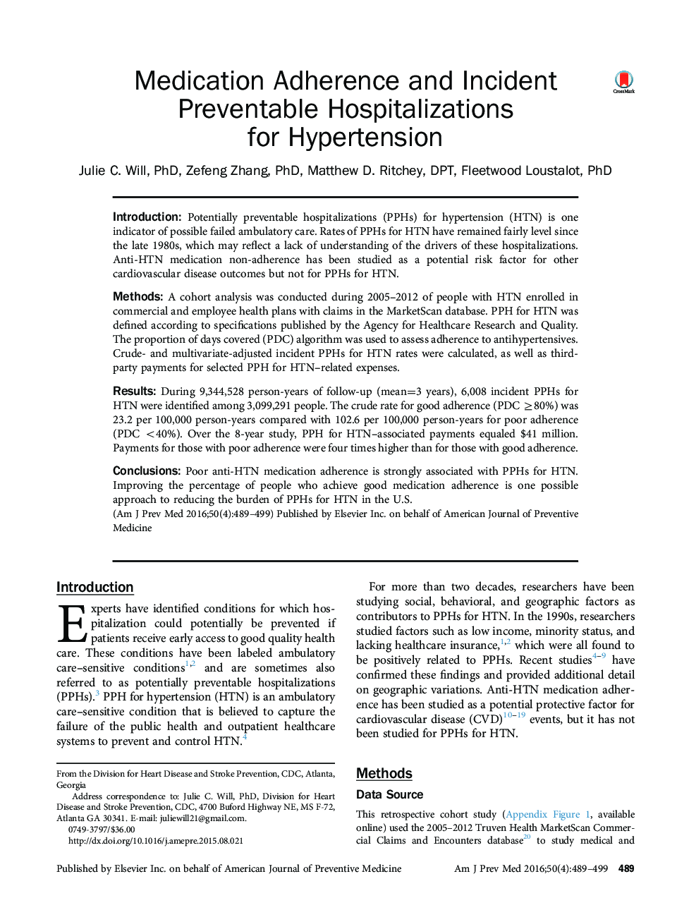 Medication Adherence and Incident Preventable Hospitalizations for Hypertension