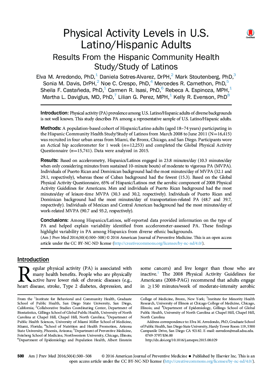 Physical Activity Levels in U.S. Latino/Hispanic Adults: Results From the Hispanic Community Health Study/Study of Latinos