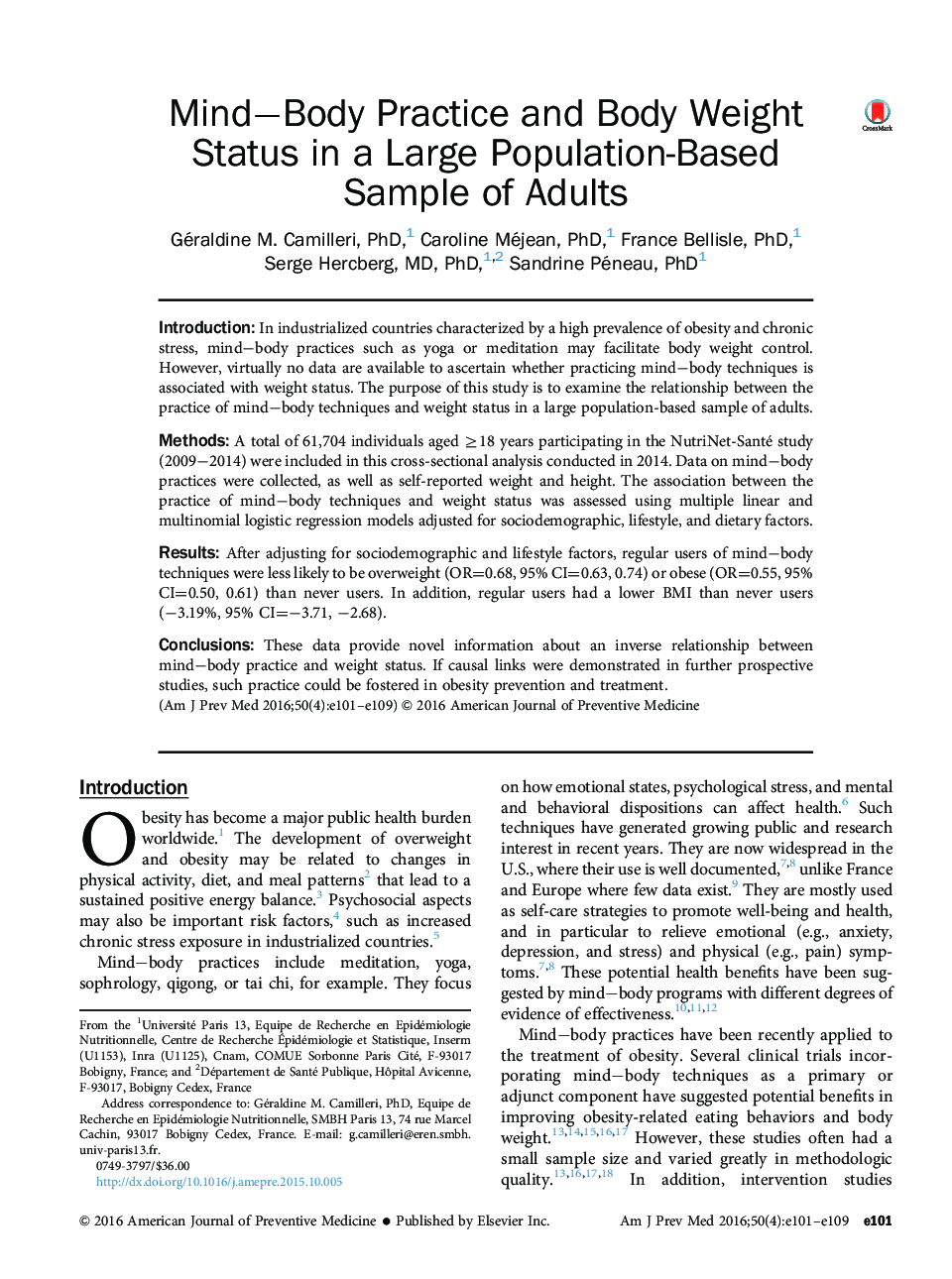 عکس صفحه اول مقاله: MindâBody Practice and Body Weight Status in a Large Population-Based Sample of Adults MindâBody Practice and Body Weight Status in a Large Population-Based Sample of Adults