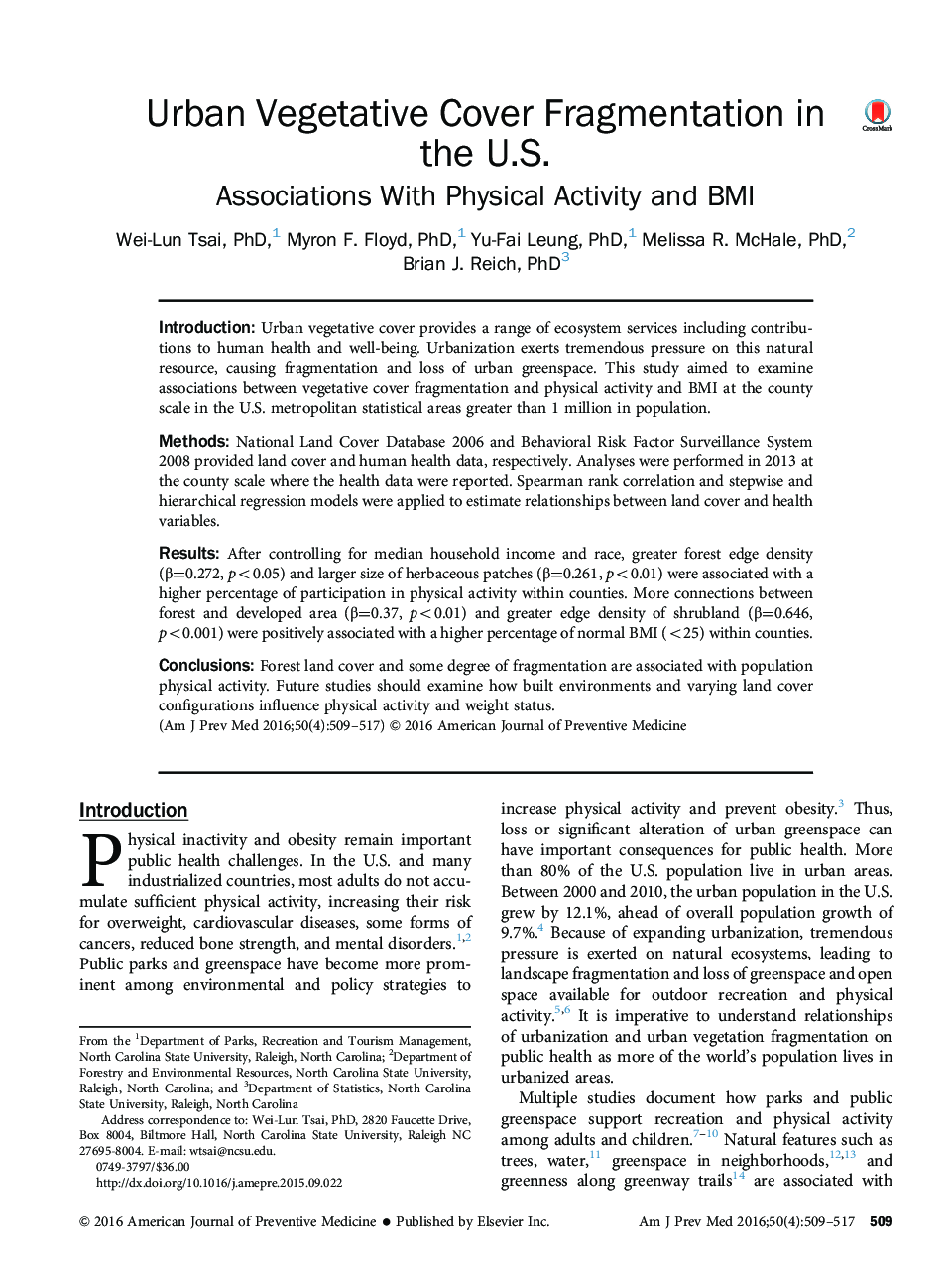 عکس صفحه اول مقاله: Urban Vegetative Cover Fragmentation in the U.S.: Associations With Physical Activity and BMI Urban Vegetative Cover Fragmentation in the U.S.: Associations With Physical Activity and BMI