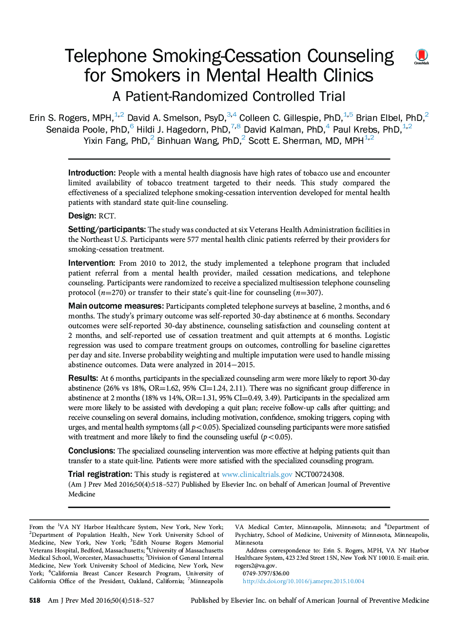 Telephone Smoking-Cessation Counseling for Smokers in Mental Health Clinics: A Patient-Randomized Controlled Trial