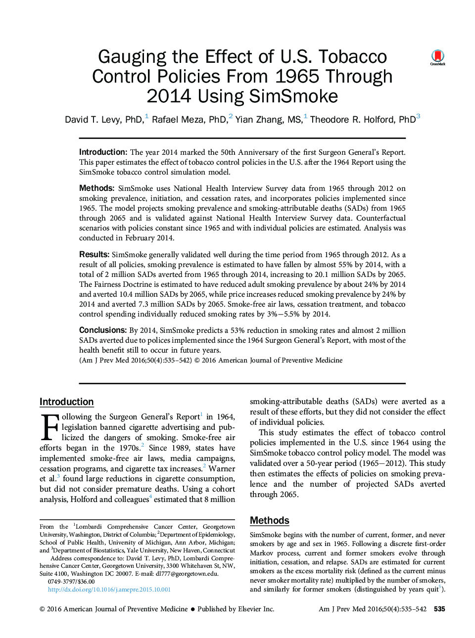عکس صفحه اول مقاله: Gauging the Effect of U.S. Tobacco Control Policies From 1965 Through 2014 Using SimSmoke Gauging the Effect of U.S. Tobacco Control Policies From 1965 Through 2014 Using SimSmoke