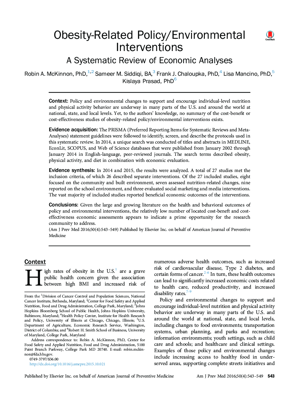 Obesity-Related Policy/Environmental Interventions: A Systematic Review of Economic Analyses