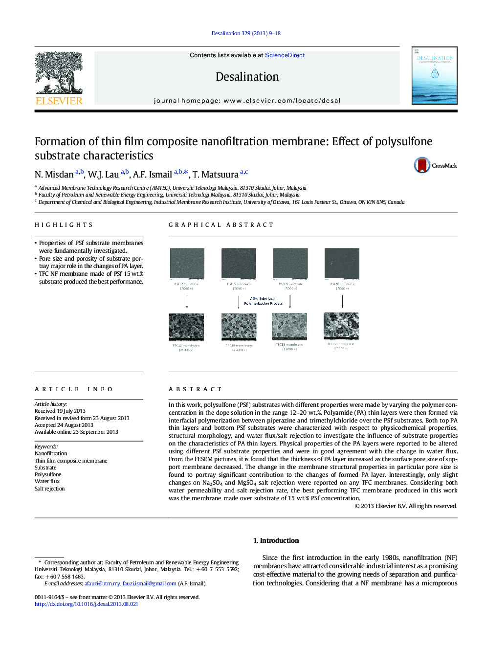 Formation of thin film composite nanofiltration membrane: Effect of polysulfone substrate characteristics