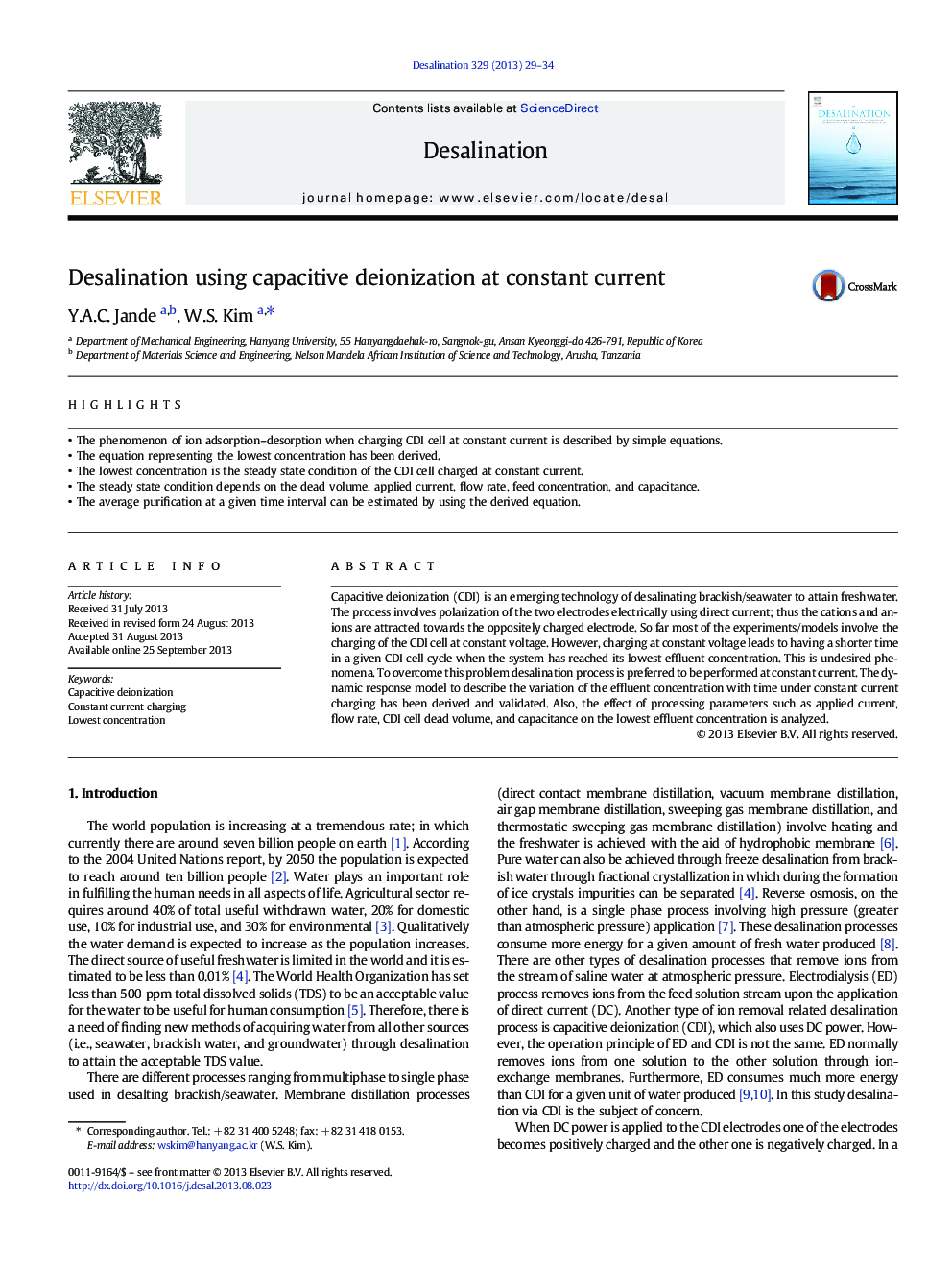 Desalination using capacitive deionization at constant current