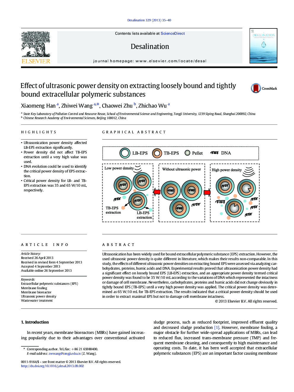 Effect of ultrasonic power density on extracting loosely bound and tightly bound extracellular polymeric substances