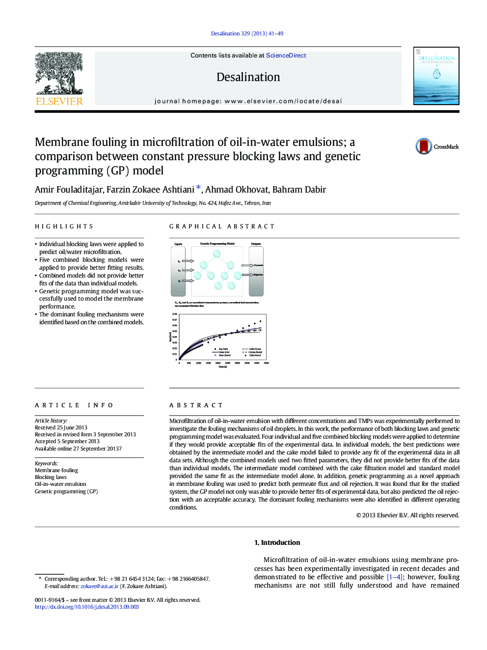 Membrane fouling in microfiltration of oil-in-water emulsions; a comparison between constant pressure blocking laws and genetic programming (GP) model