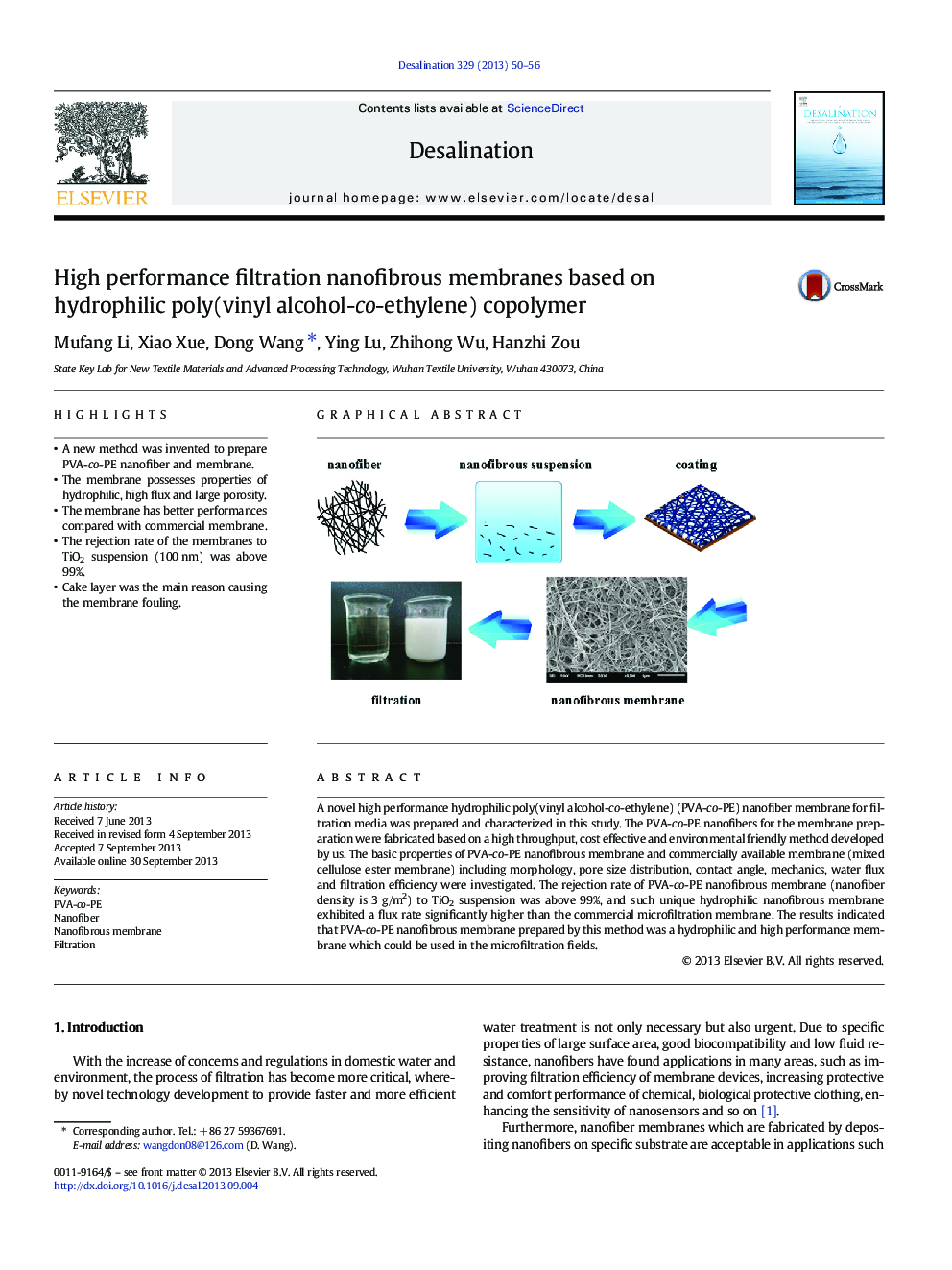 High performance filtration nanofibrous membranes based on hydrophilic poly(vinyl alcohol-co-ethylene) copolymer