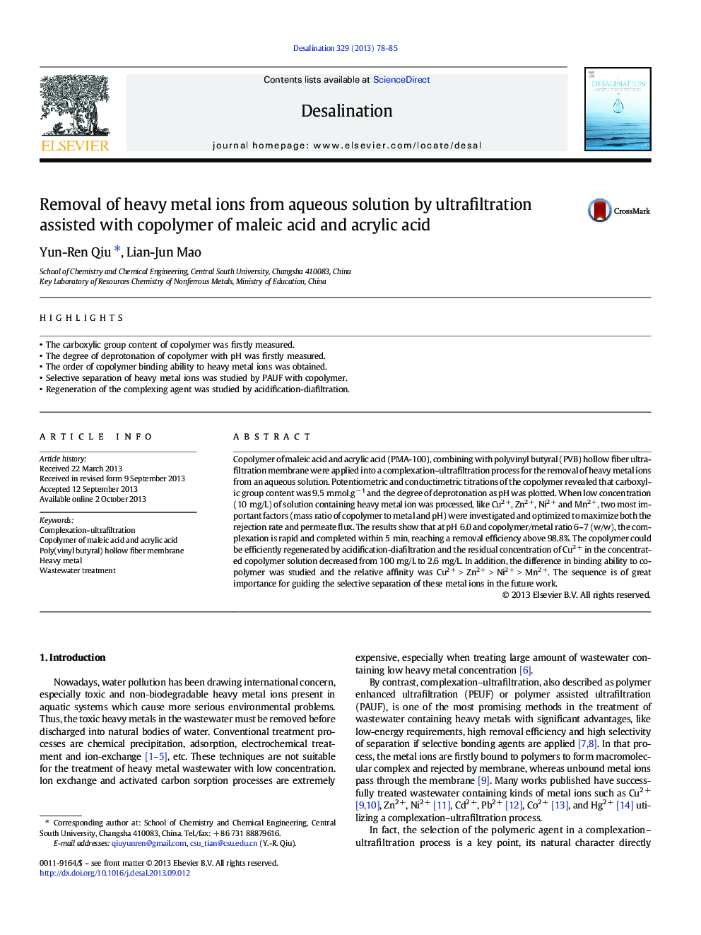 Removal of heavy metal ions from aqueous solution by ultrafiltration assisted with copolymer of maleic acid and acrylic acid