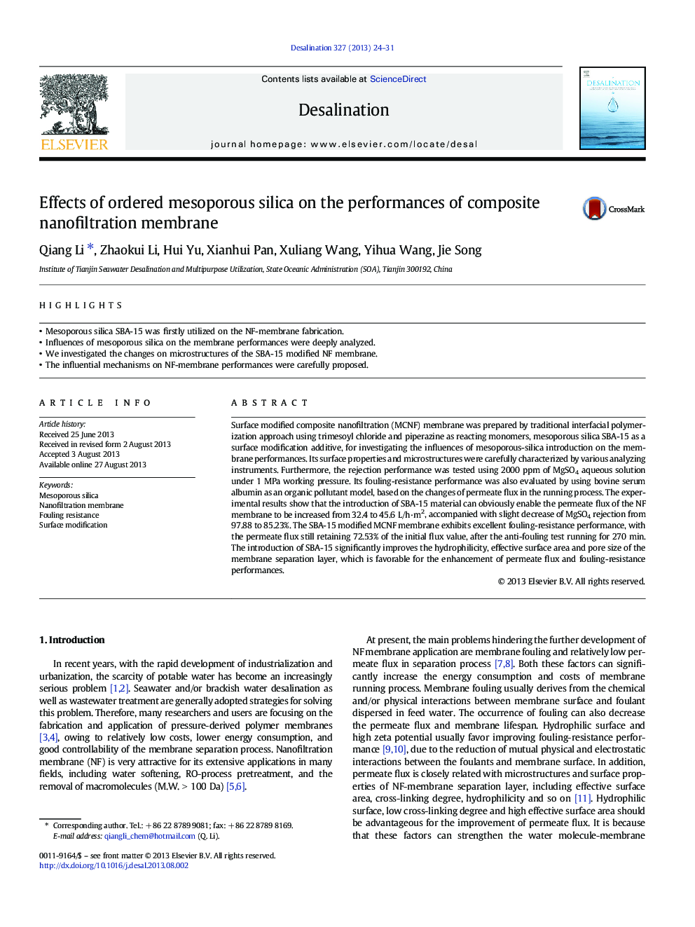 Effects of ordered mesoporous silica on the performances of composite nanofiltration membrane